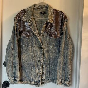 Lucky & Blessed L&B distressed denim jacket sequined faux snakeskin XL